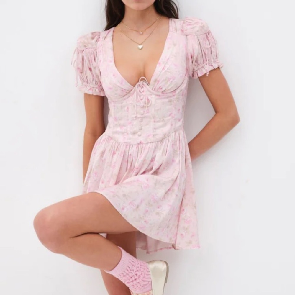 For Love and Lemons Paulina Floral Corset Minidress Puff Sleeve medium m